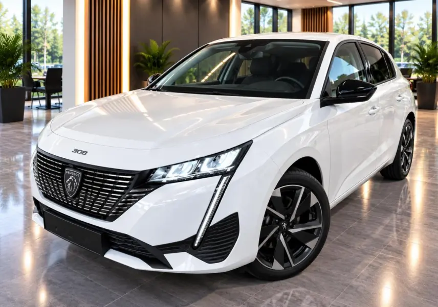 Peugeot 308 blanc okenite vue 3/4 avant droit, avec calandre noire distinctive et jantes alliage bicolores.
