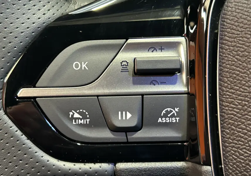 Gros plan sur les commandes de régulateur de vitesse au volant perforé noir de la Peugeot 308 GT gris Artense.