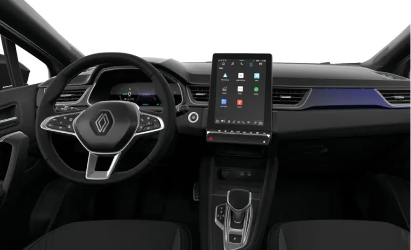Vue intérieure avant du tableau de bord du Renault Captur gris clair esprit Alpine avec écran tactile vertical central.