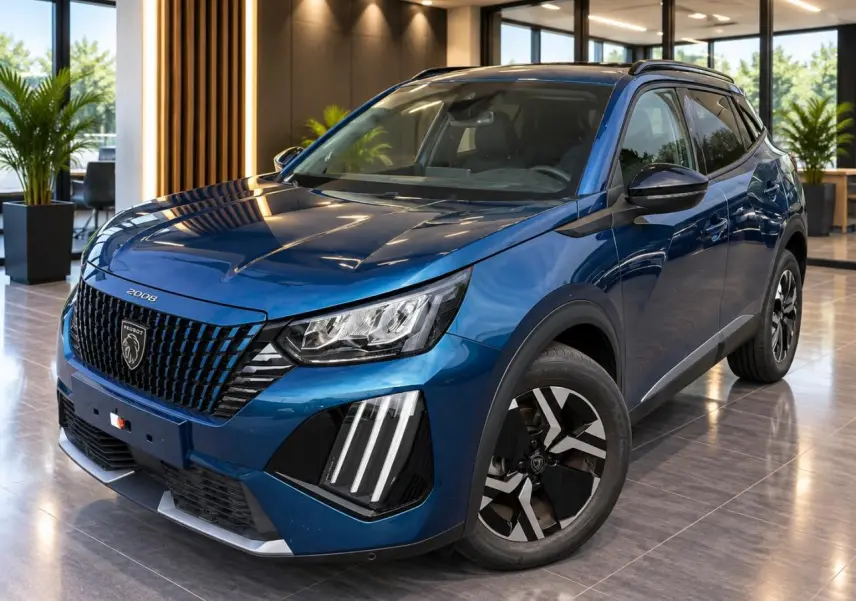 Peugeot 2008 2024 bleu vertigo en 3/4 avant droit, avec calandre noire et feux LED distinctifs verticalisés.