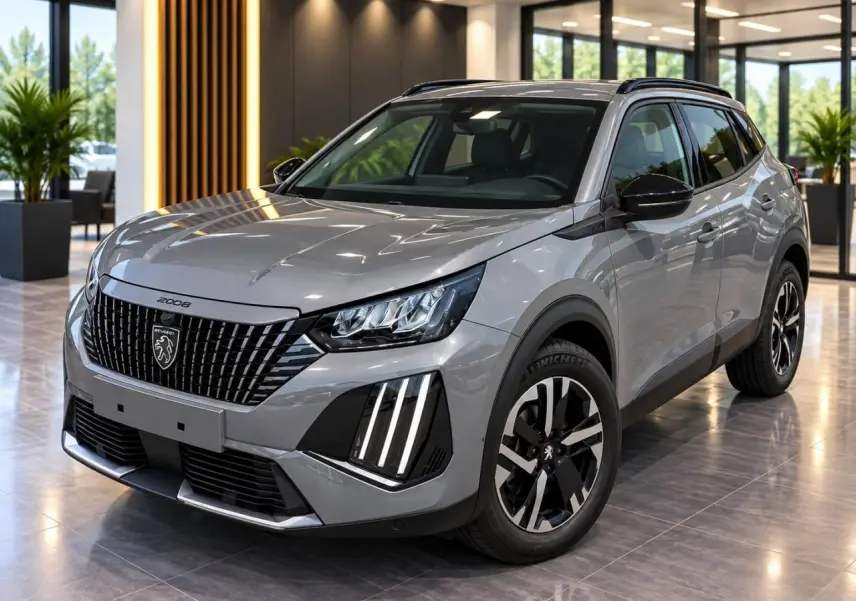 Peugeot 2008 1,2 100 CV Allure sellenium vue 3/4 avant avec signature lumineuse verticale et jantes noires.