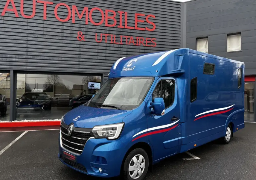 Vue 3/4 avant d’un Renault Master bleu avec décorations tricolores, stationné devant un bâtiment commercial.