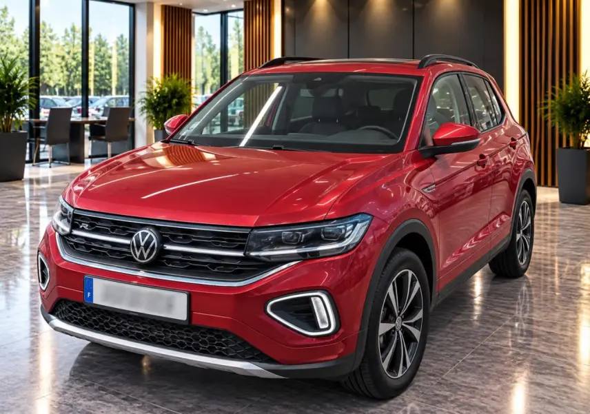 Volkswagen T-Cross rouge métal en 3/4 avant droit, avec calandre R-Line et jantes alliage distinctives.