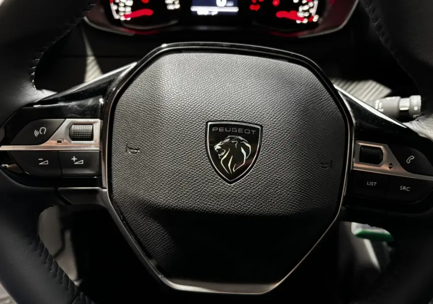 Gros plan sur le volant cuir noir de la Peugeot 208 PureTech 100 S&S Active 2024 avec logo lion central.