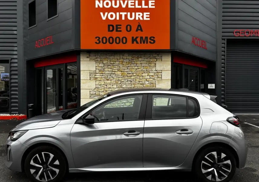 Profil latéral droit d'une Peugeot 208 PureTech 100 S&S Active gris clair garée devant un bâtiment moderne.