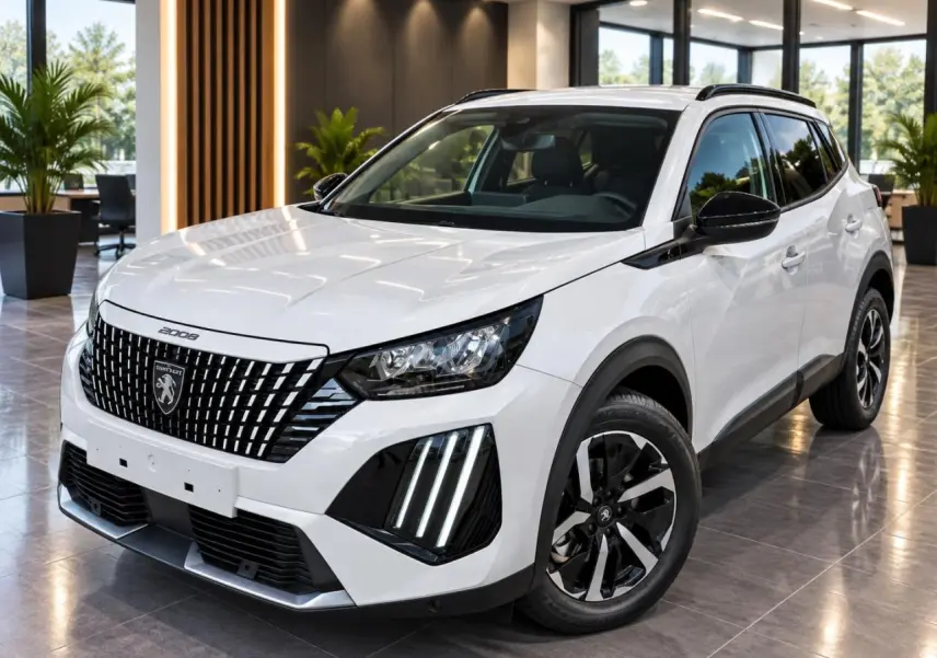 Peugeot 2008 blanc okenite en 3/4 avant droit, avec calandre noire distinctive et feux LED verticaux marquants.