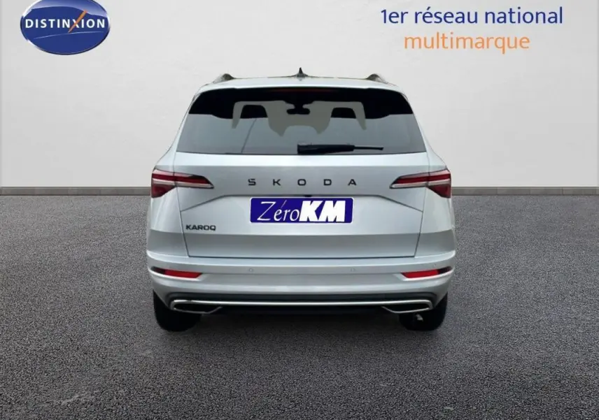 Vue arrière d'un Skoda Karoq argent 2025 avec barres de toit et feux arrière LED distinctifs.