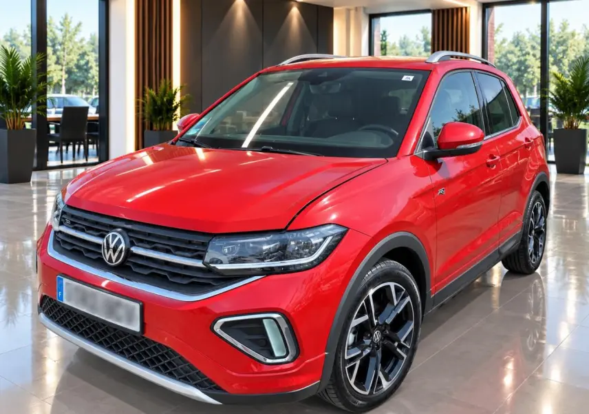 Volkswagen T-Cross rouge métal vue 3/4 avant avec jantes alliage noires et détails R-Line en intérieur showroom.