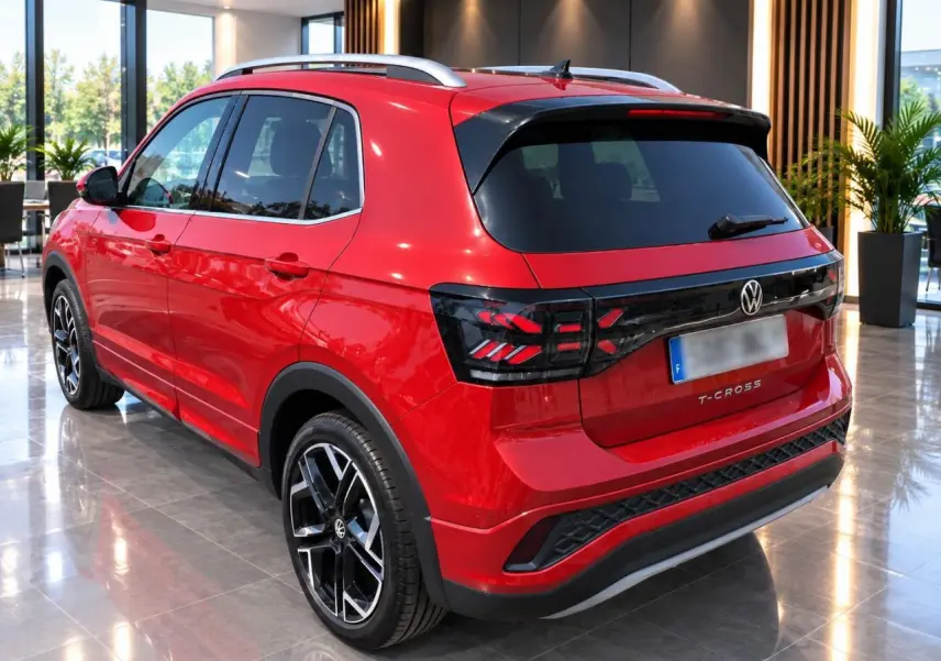 Vue 3/4 arrière droite d’un Volkswagen T-Cross rouge métallisé avec jantes alliage noires et toit argenté en intérieur showroom.