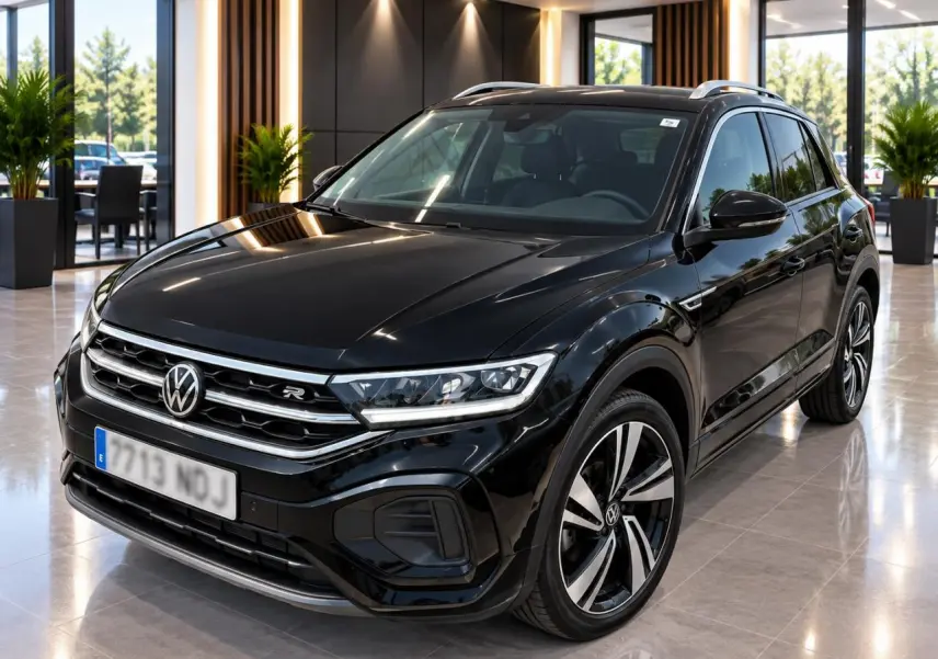 Volkswagen T-Roc 1.5 TSI R-Line noir métal en 3/4 avant droit, avec jantes alliage et calandre spécifique R-Line.