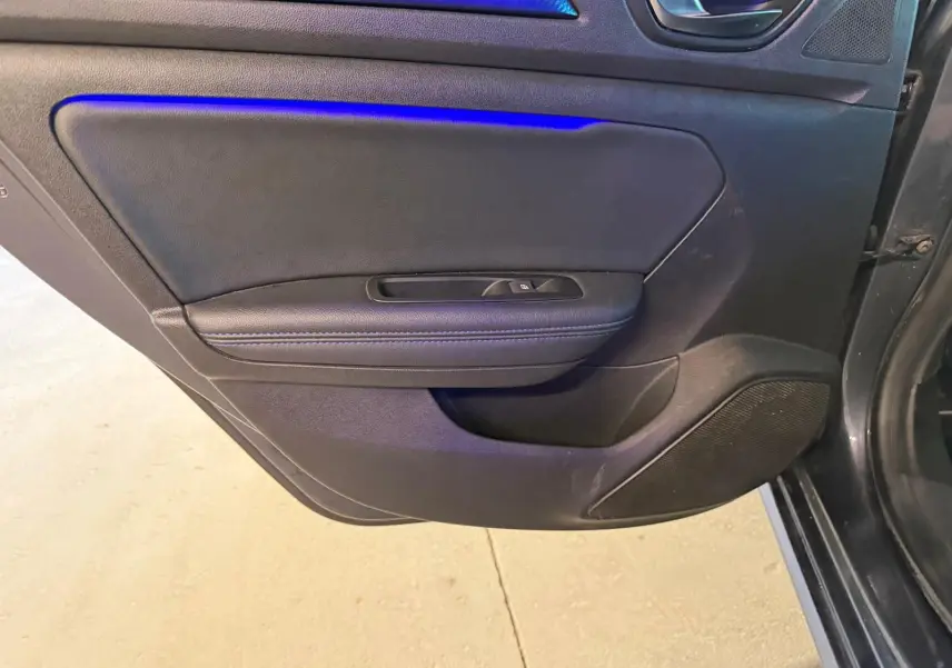 Gros plan sur la porte intérieure côté gauche de la Renault Mégane Break GT 2017, avec garniture noire et commande de fenêtre.