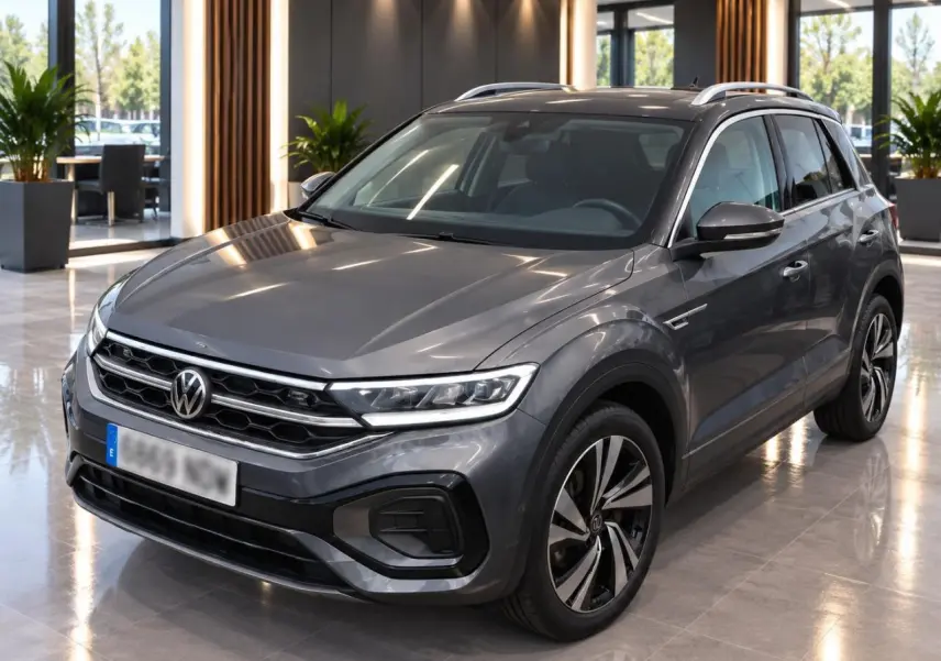 Volkswagen T-Roc gris platinium en 3/4 avant droit avec jantes alliage et toit noir en showroom.