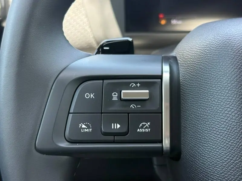 Gros plan sur les commandes au volant côté gauche du Citroën C4 gris Mercury, boutons de régulateur et assistant de conduite.