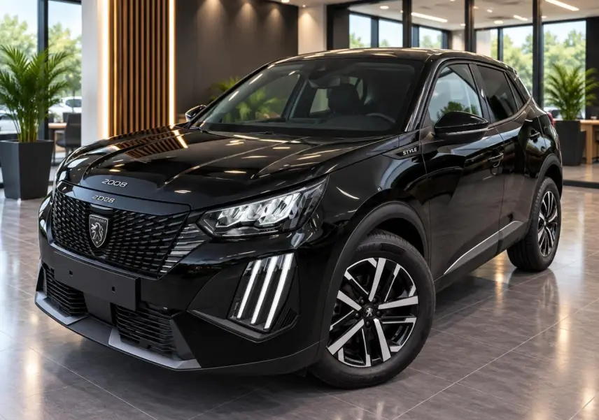 Peugeot 2008 noir perla nera en vue 3/4 avant droit, avec calandre distinctive et feux LED verticaux.