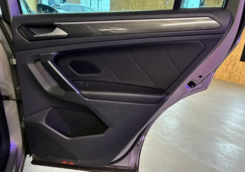 Vue intérieure de la porte arrière gauche gris foncé du Volkswagen Tiguan 2.0 TDI 150 Carat de 2017 avec garniture cuir et insert décoratif.