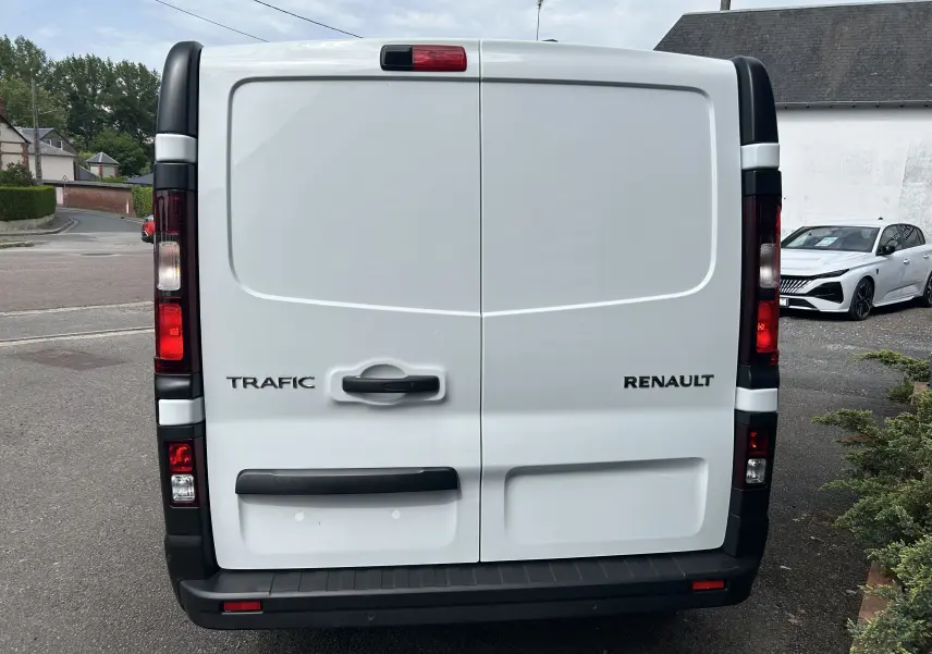 Vue arrière d’un fourgon Renault Trafic blanc avec portes battantes et feux arrière verticaux.