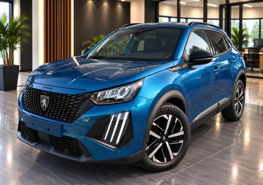 Peugeot 2008 bleu obsession en 3/4 avant droit, avec calandre noire et feux LED distinctifs en intérieur showroom.