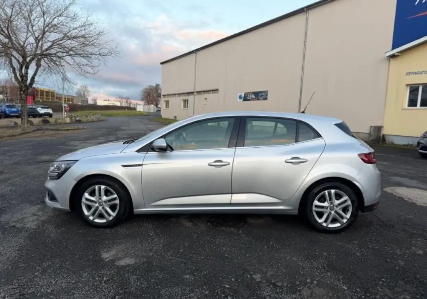 Profil côté gauche d'une Renault Mégane gris alu 2019, avec jantes alliage et lignes épurées visibles.