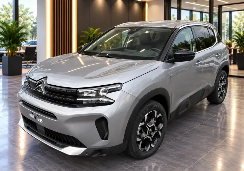 Citroën C5 Aircross 2024 artense en 3/4 avant droit, avec jantes noires et toit noir contrasté dans un showroom.