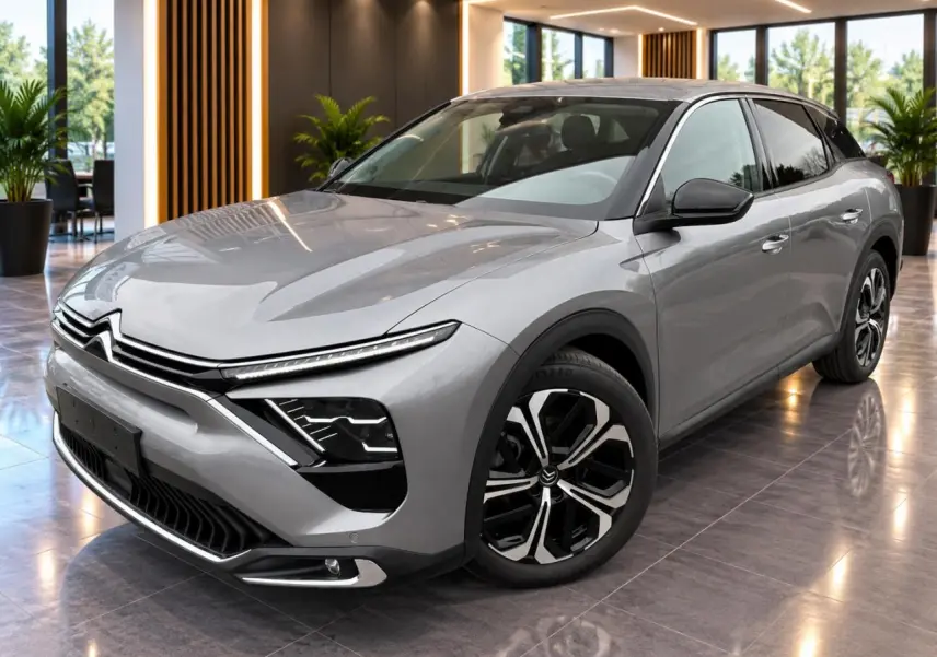 Citroën C5 X 2024 artense vue 3/4 avant droit, avec signature lumineuse fine et jantes noires et argentées.