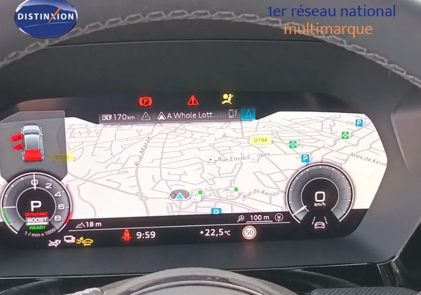 Tableau de bord numérique d’Audi A3 Sportback noir, affichant la navigation et les compteurs à 9h59.