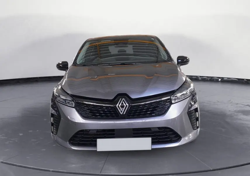 Renault Clio V gris schiste vue de face, mettant en valeur la calandre noire et les phares LED Pure Vision.