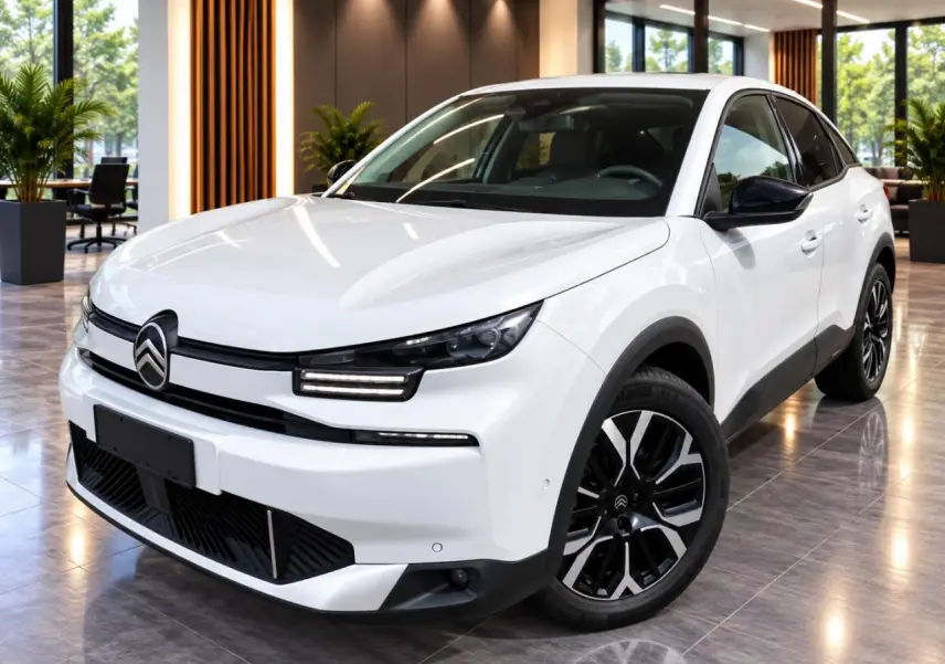 Vue 3/4 avant d'une Citroën C4 2025 blanc okenite, avec phares LED et jantes alliage noires distinctives.