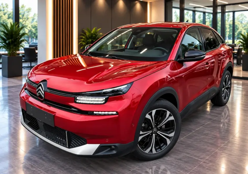 Citroën C4 1,2 Hybrid 2025 rouge elixir en 3/4 avant droit, avec jantes noires et détails noirs contrastants.