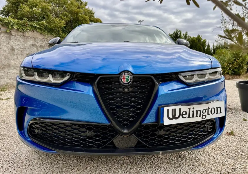 Vue frontale rapprochée de l'Alfa Romeo Tonale 2024 bleu métallisé avec calandre noire et phares LED distinctifs.