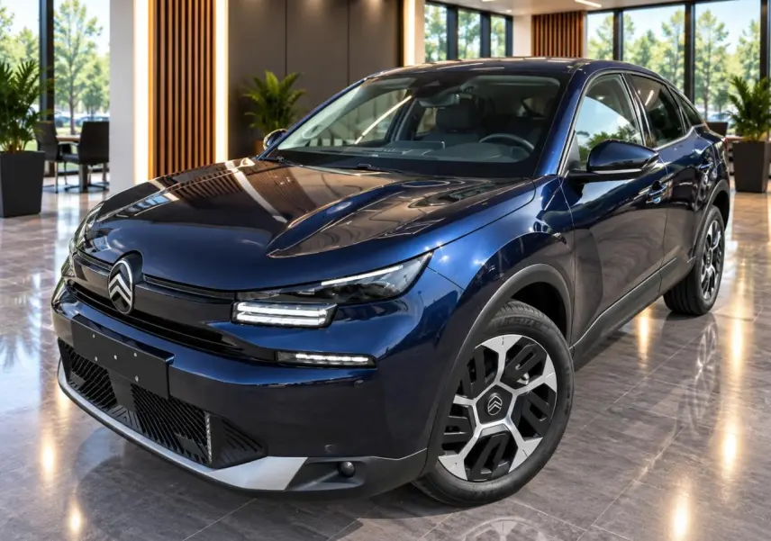 Citroën C4 2025 new dark blue vue 3/4 avant droit, avec signature lumineuse LED et jantes distinctives.