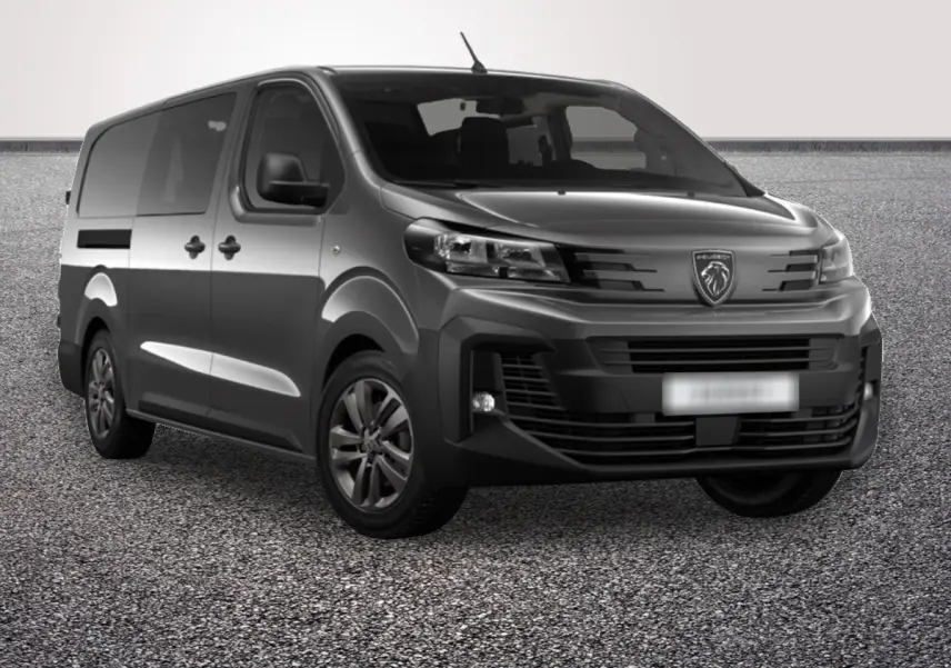 Vue 3/4 avant droit du Peugeot Expert Fourgon XL gris foncé avec calandre distinctive et phares modernes.