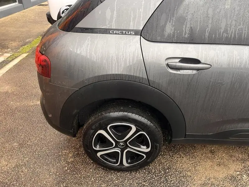 Vue arrière côté gauche d'une Citroën C4 Cactus gris Platinium avec jante alliage et logo Cactus sur la vitre arrière.