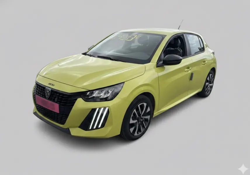 Peugeot 208 jaune vue 3/4 avant droit, avec calandre noire et feux diurnes à LED verticaux distinctifs.