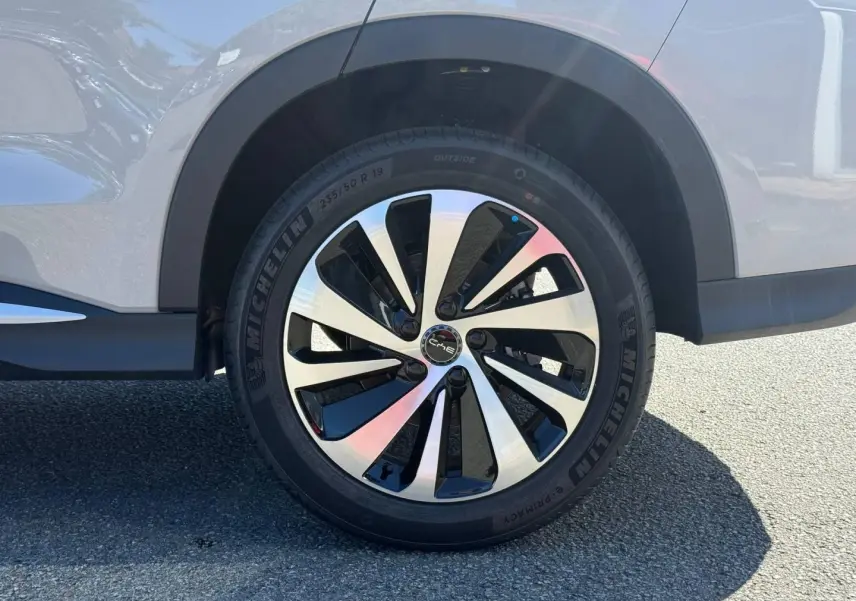 Gros plan sur la jante alu bicolore et le pneu Michelin du côté gauche d’un BYD SEAL U Boundless Cloud métallisé.