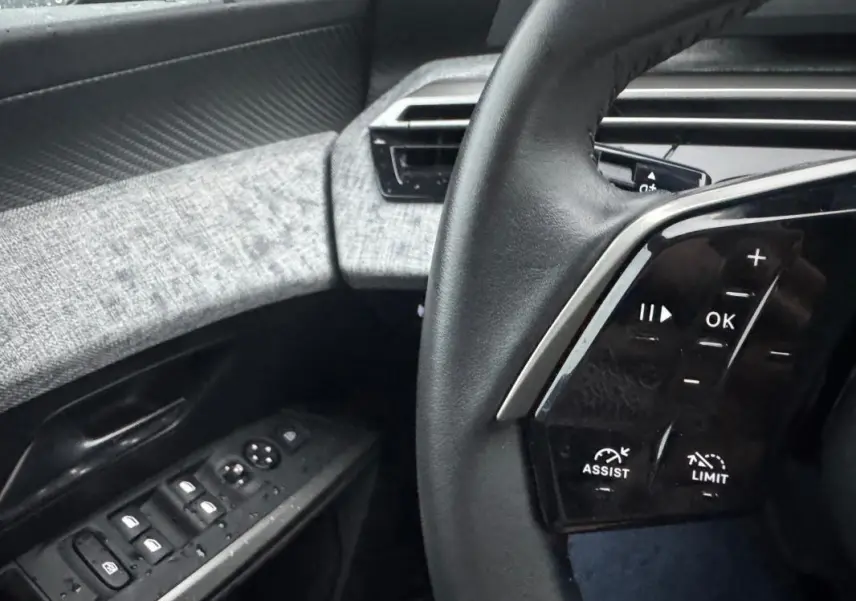 Vue rapprochée du volant et de la porte côté gauche du Peugeot 3008 noir, avec commandes intégrées au volant et habillage tissu gris.