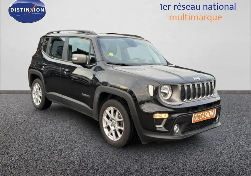 Jeep Renegade noir vue 3/4 avant droit avec calandre distinctive et jantes argentées sur sol gris.