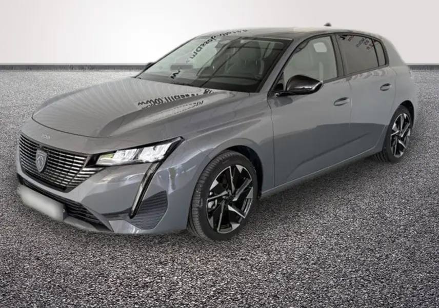 Peugeot 308 Hybrid 145 e-DCS6 Allure gris foncé vue 3/4 avant avec calandre distinctive et phares LED verticaux.