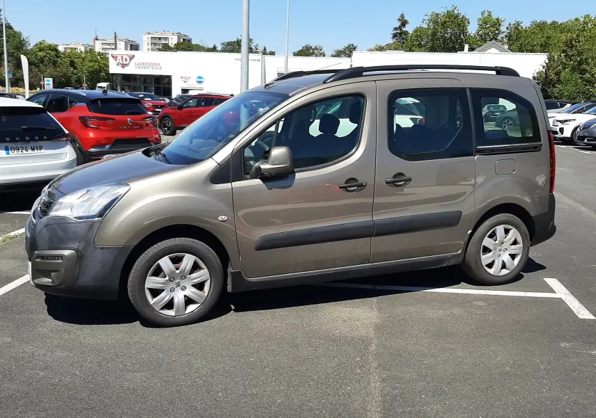 Peugeot Partner Tepee marron vue de profil côté gauche, véhicule utilitaire compact avec barres de toit noires.