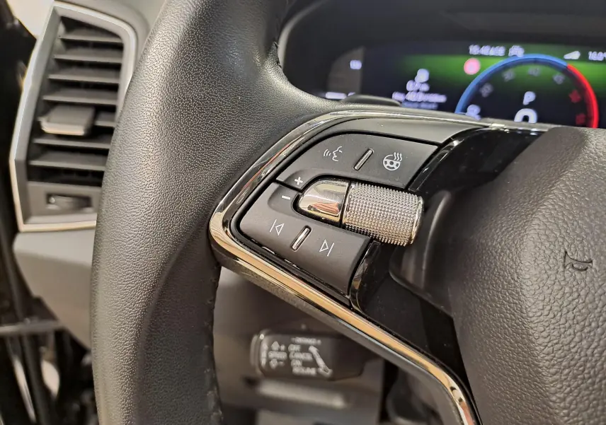 Gros plan sur les commandes gauche du volant du Skoda Karoq 2023, avec finition cuir et tableau de bord numérique flou.