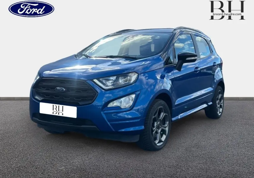 Ford EcoSport bleu Lightning en 3/4 avant droit, avec calandre noire et jantes alliage foncé visibles.