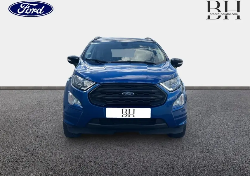 Vue frontale du Ford EcoSport bleu Lightning 2018 avec calandre noire et phares halogènes allumés.