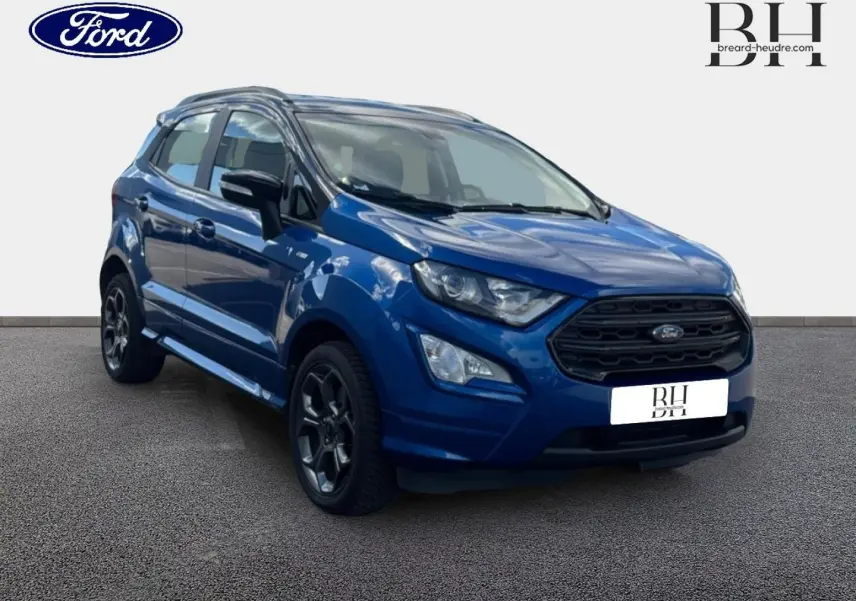 Ford EcoSport 1.5 EcoBlue bleu Lightning en 3/4 avant droit, avec jantes alliage et calandre noire sportive.