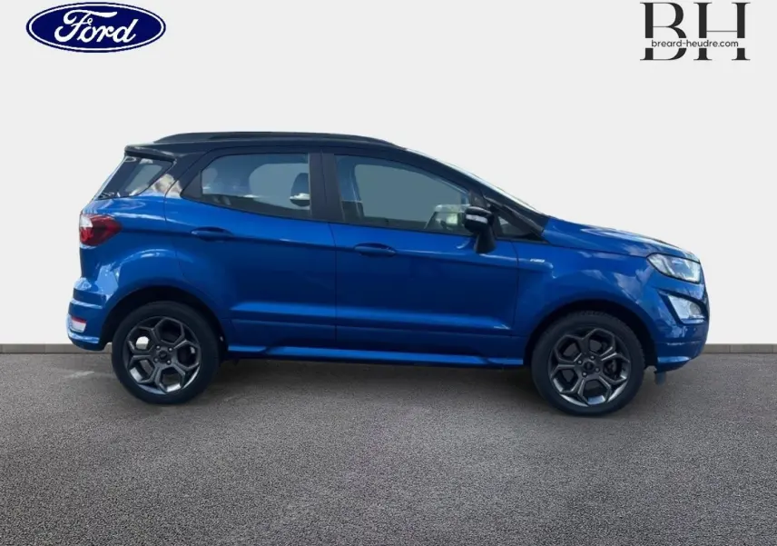 Ford EcoSport 1.5 EcoBlue bleu Lightning vu de profil côté gauche, avec jantes alliage et toit noir contrasté.