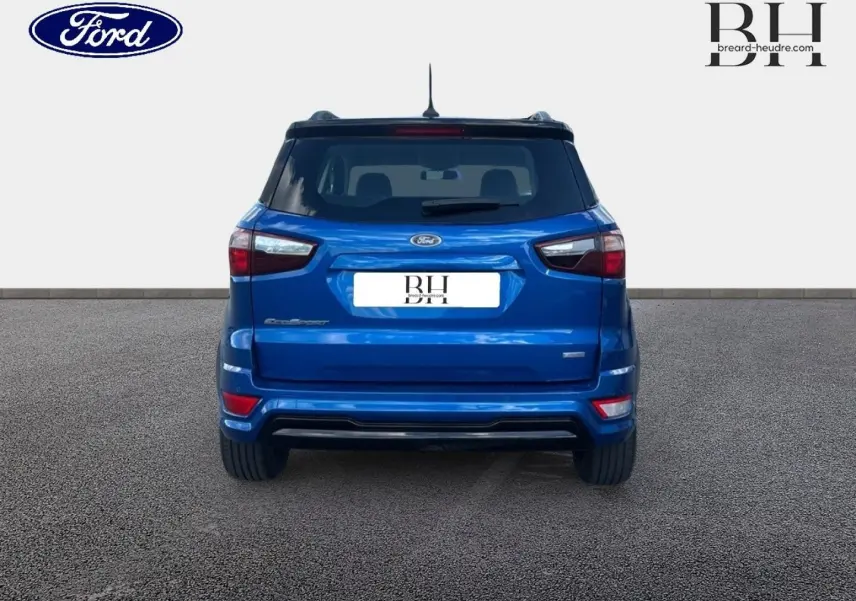 Vue arrière d'un Ford EcoSport bleu Lightning 2018 avec toit noir et barres de toit visibles.