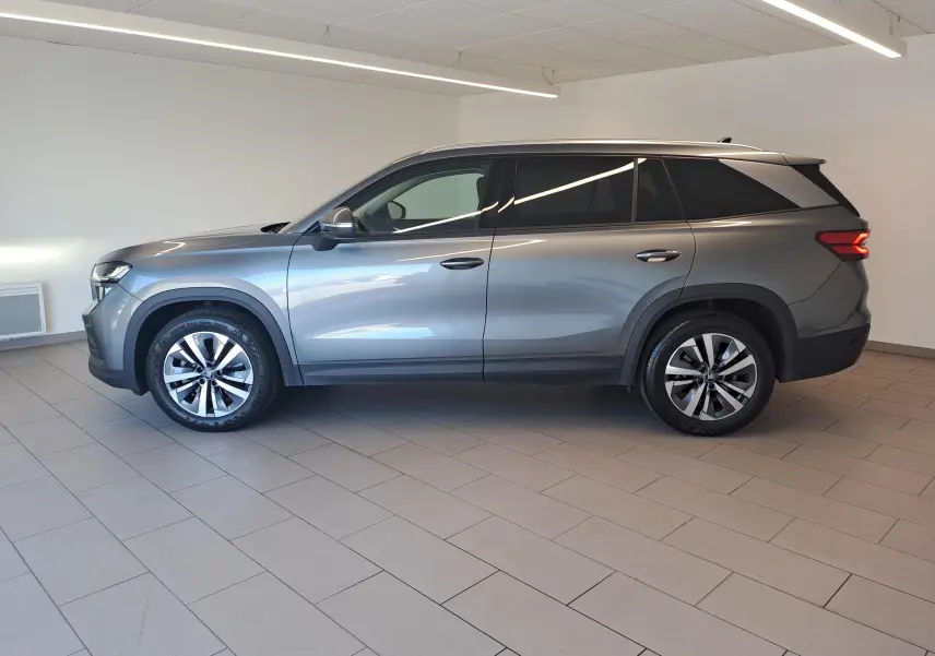 Vue de profil côté gauche d'un Skoda Kodiaq gris graphite 2025, SUV 7 places avec jantes alliage et vitres teintées.