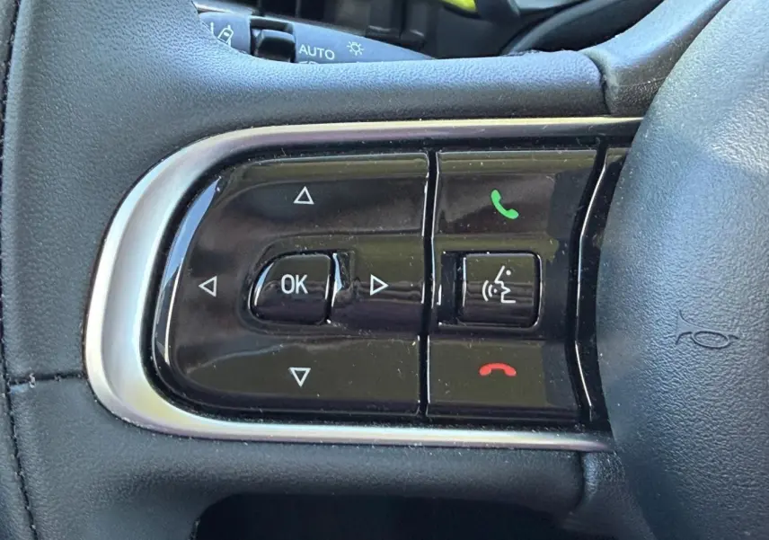 Gros plan sur les commandes multifonctions noires du volant côté gauche de la Fiat 500 e 95ch Ocean Green métal.