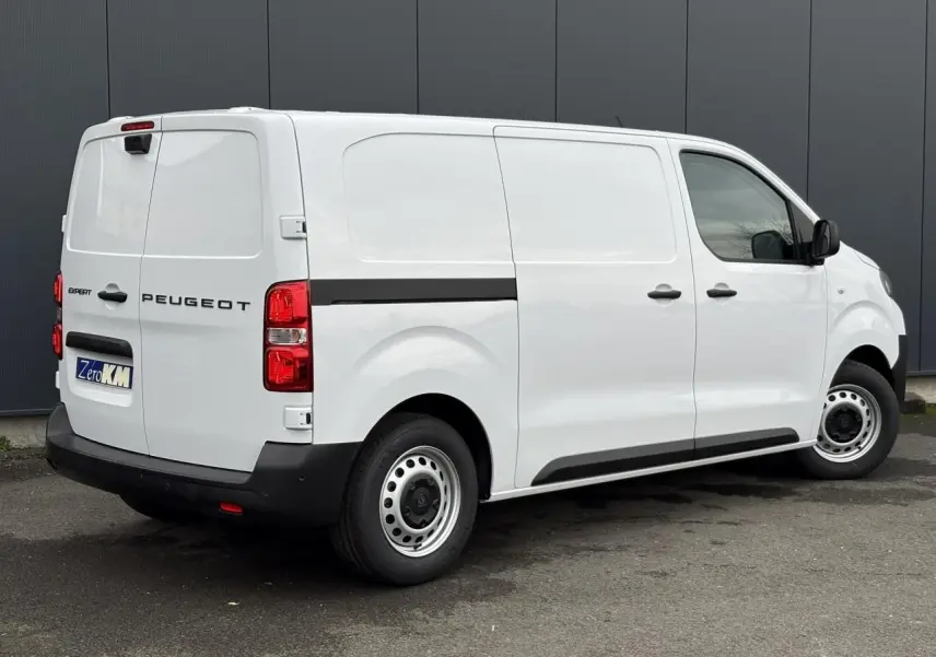Peugeot Expert Fourgon blanc Icy vu en 3/4 arrière droit, portes tôlées et jantes tôles grises 16 pouces.