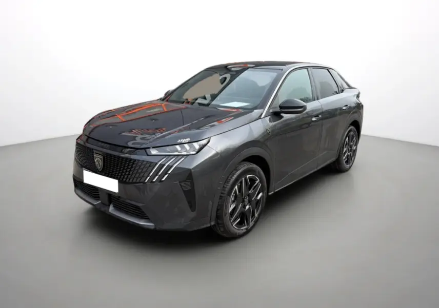 Peugeot 3008 Hybrid gris titane avec toit noir, vue 3/4 avant mettant en valeur ses jantes alu 19 pouces.