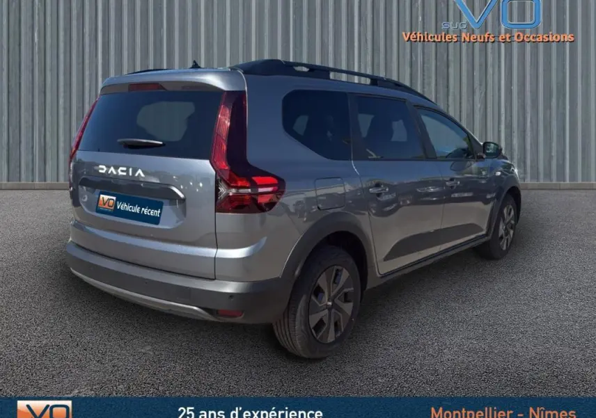 Vue 3/4 arrière droite d'un Dacia Jogger gris avec barres de toit et feux arrière distinctifs, stationné sur sol goudronné.