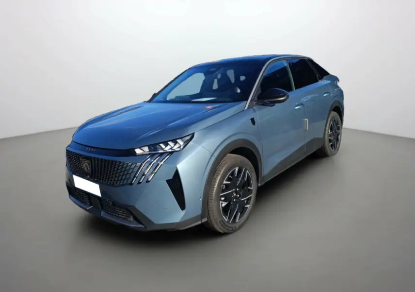 Peugeot 3008 Hybrid 145 en bleu ingaro avec toit noir, vue 3/4 avant droit sur fond neutre.